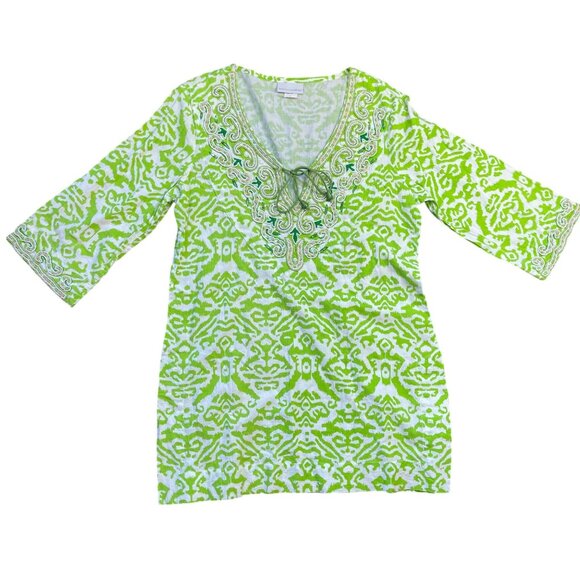 Soft Surroundings Beaded Tunic Top Womens Small Relaxed V-Neck Green 100% Cotton - Picture 1 of 15